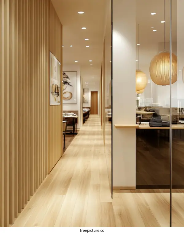 Modern Restaurant Corridor with Wooden Accents