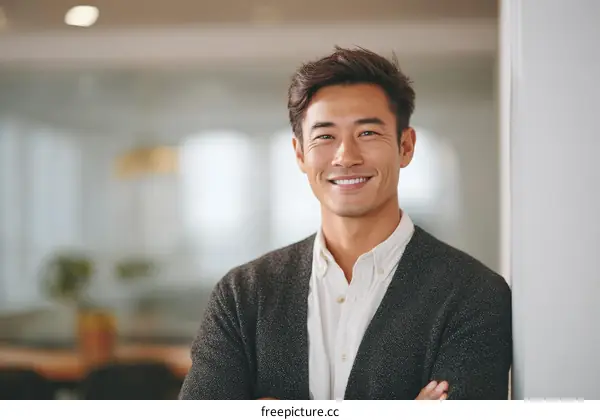 Smiling Asian Businessman Portrait in Modern Office