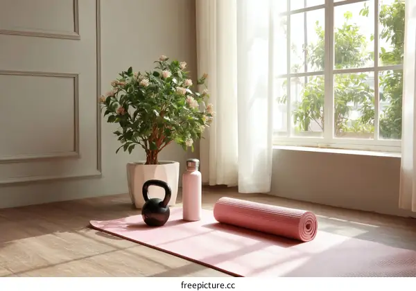 Cozy Home Gym Setup with Yoga Mat and Kettlebell