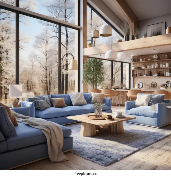 Modern Blue and White Living Room with Large Windows