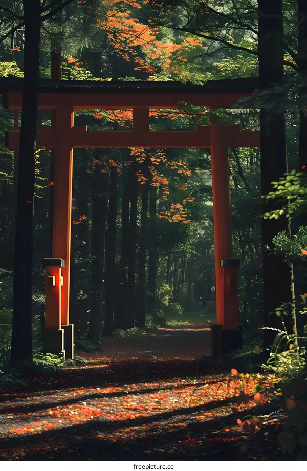 Red Torii Gate in Autumn Forest
