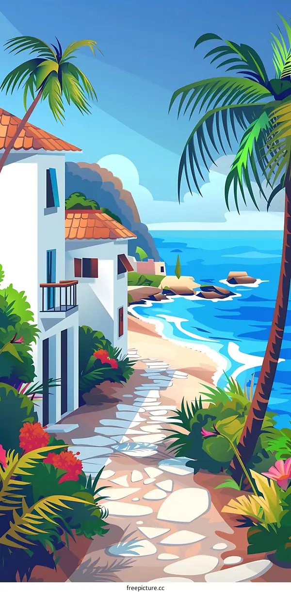 Mediterranean Beach House With Palm Trees and Cobblestone Path