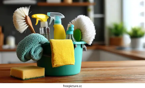 Cleaning Supplies in a Teal Bucket on a Wooden Table