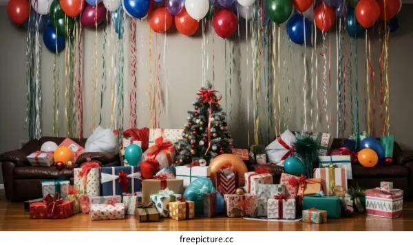 A room full of Christmas presents and balloons
