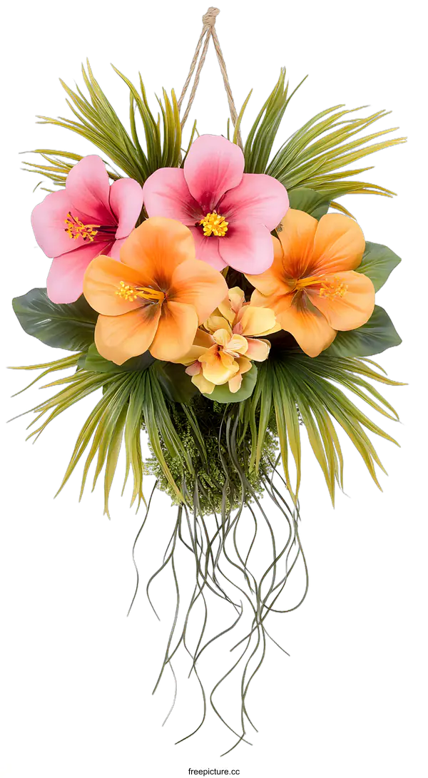 [Transparent Background PNG]Tropical Hanging Flower Basket with Hibiscus and Green Leaves