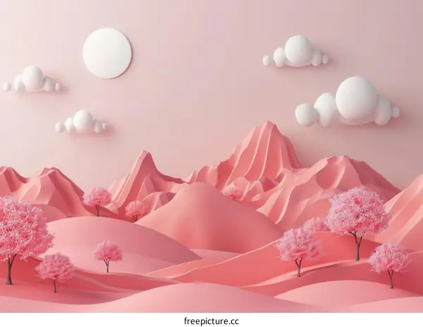 Pink Surreal Landscape with Pink Mountains, Hills and Trees