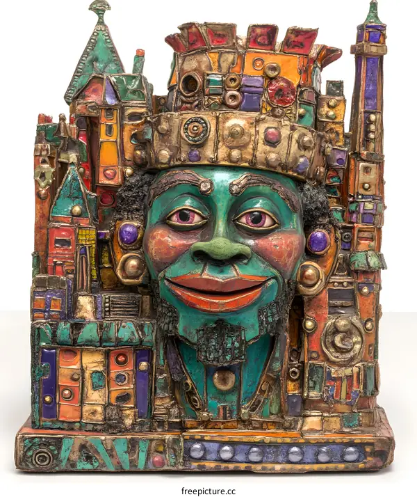 Mosaic Sculpture Of A Black Man With A Crown Made Of Buildings