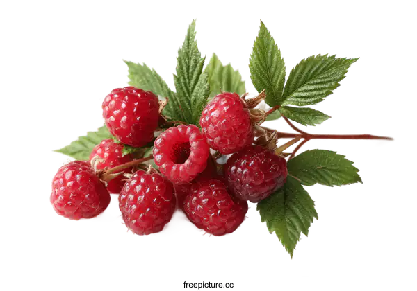 [Transparent Background PNG]Fresh Raspberries with Leaves on White Background