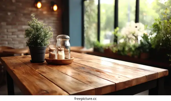 Rustic Wooden Table with Decor in Cafe