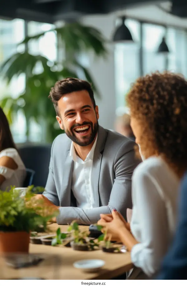 Colleagues laughing and chatting in the office