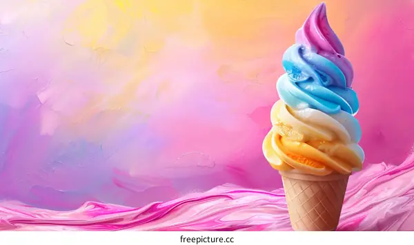 Ice cream cone with three multicolored spiraling scoops of purple blue and yellow against a pink and blue background