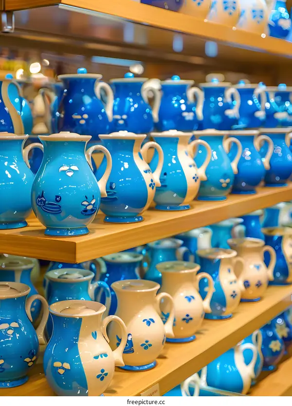 Blue and White Ceramic Pitchers on Shelves