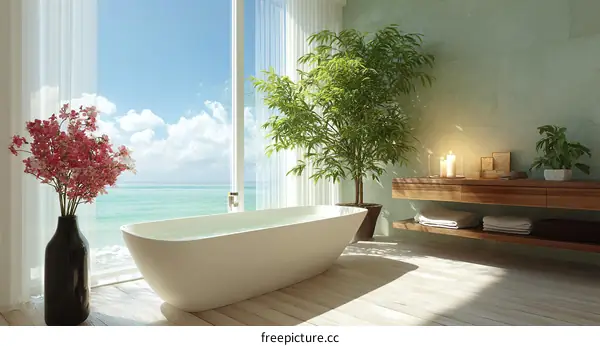 Modern Coastal Spa Bathroom with Ocean View