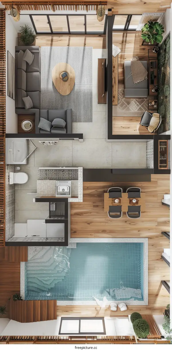 Modern Cozy House Interior With Pool and Fireplace