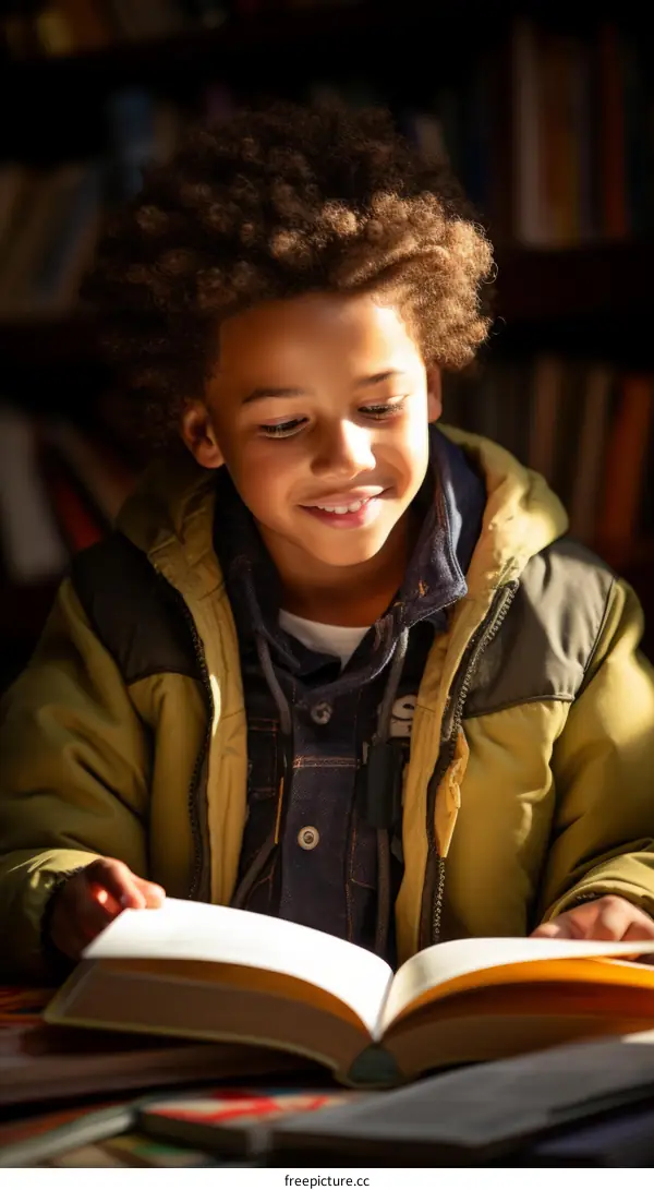 A young boy is reading a book in a library