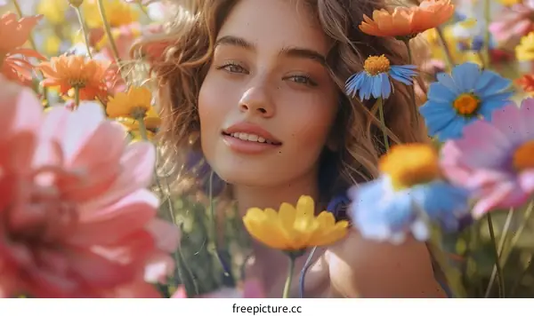 Portrait of a beautiful young woman with freckles on her face and blonde hair, surrounded by a variety of colorful flowers.