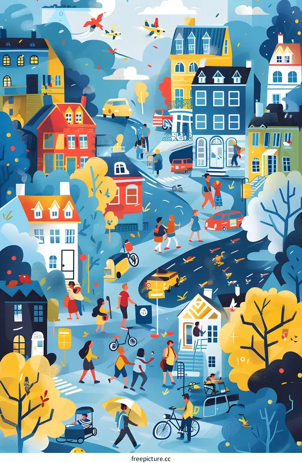 Colorful Illustration of a Busy City Street with People, Buildings, and Vehicles