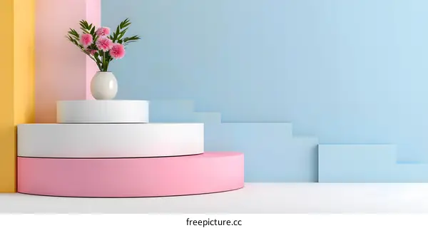 Minimalist Pastel Blue Pink Yellow Background with White Cylinder Platform