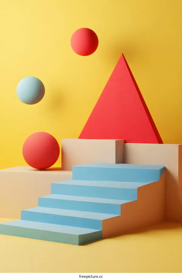 Abstract Geometric Shapes Background with Stairs and  Floating Spheres