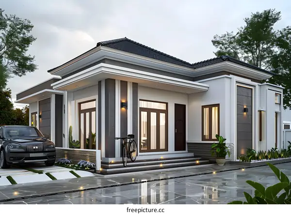 Modern Minimalist House Design With White Walls And Grey Roof