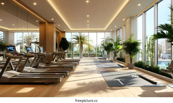 Modern Interior Design Gym with Treadmills and Floor to Ceiling Windows