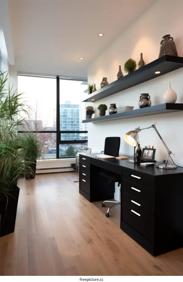Stylish Black and White Home Office with Natural Lighting