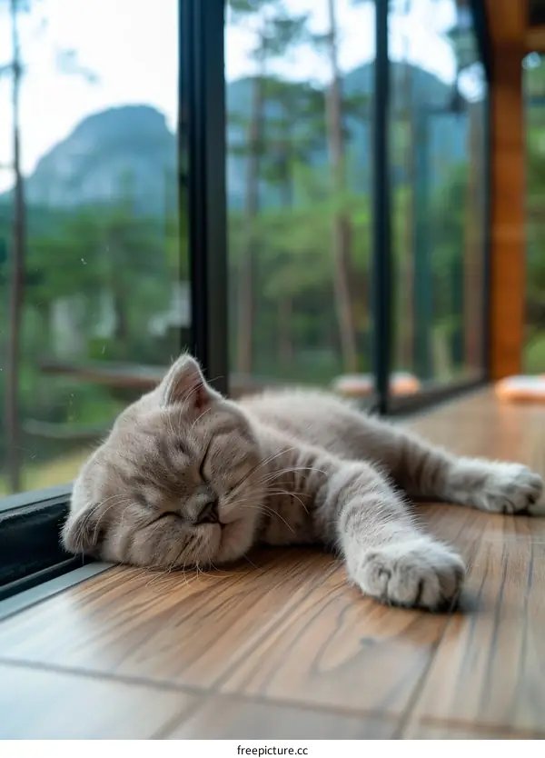 A cute gray kitten is sleeping on the wooden floor in front of the floor-to-ceiling windows.