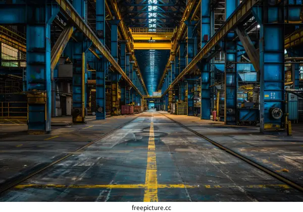 Rusty industrial factory interior with blue and yellow steel construction beams