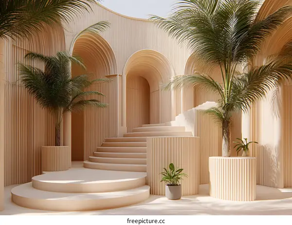 Minimalist Architecture with Arched Entrance and Palm Trees