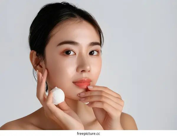 Beautiful Asian Woman with Clean Skin Holding a White Cleansing Ball