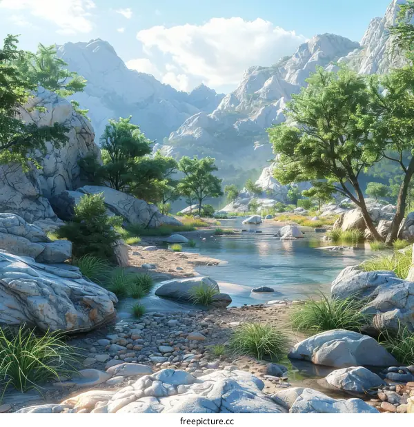 Mountain stream under sunlight with rocks and trees