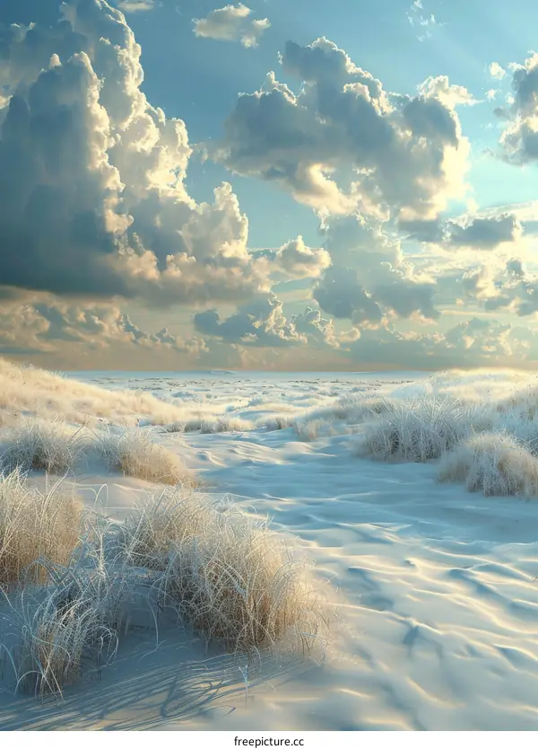 Winter wonderland landscape with frost-covered grass