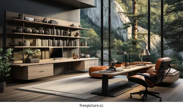 Modern home office with a large window looking out onto a forest