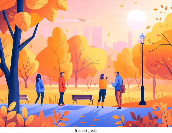 People Walking in Autumn Park Illustration