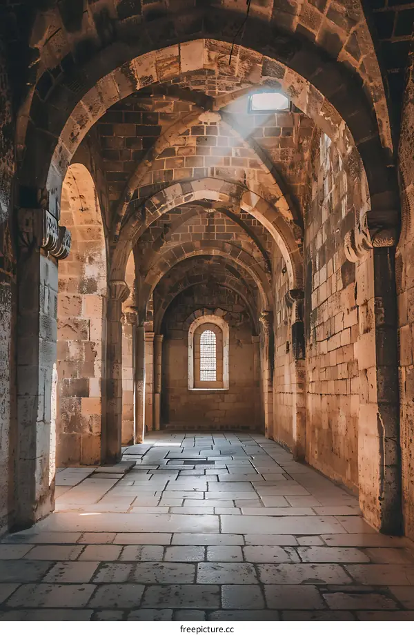 Stone Archway Hallway In Ancient Building