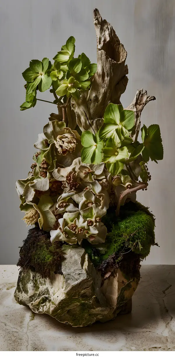 Dried Flowers and Moss Arrangement with Driftwood