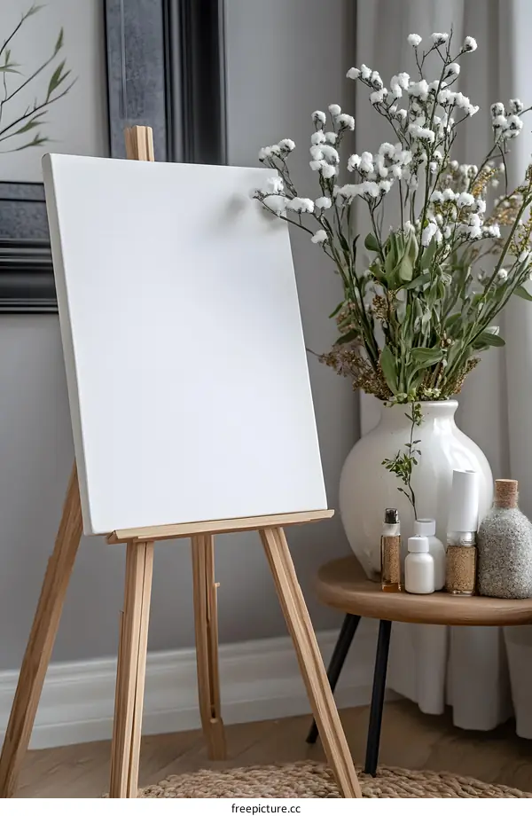 Blank Canvas on Easel with Flowers and Bottles