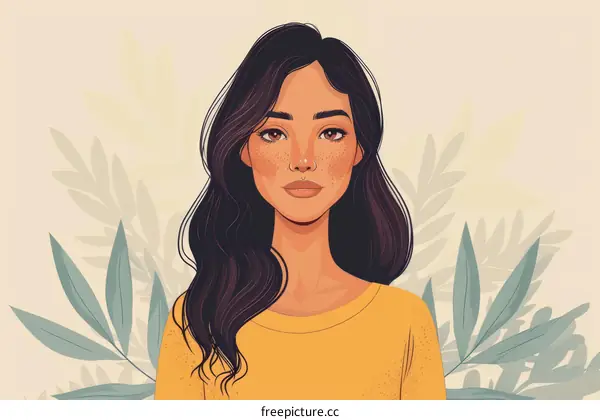 Portrait of a young woman with long brown hair and freckles