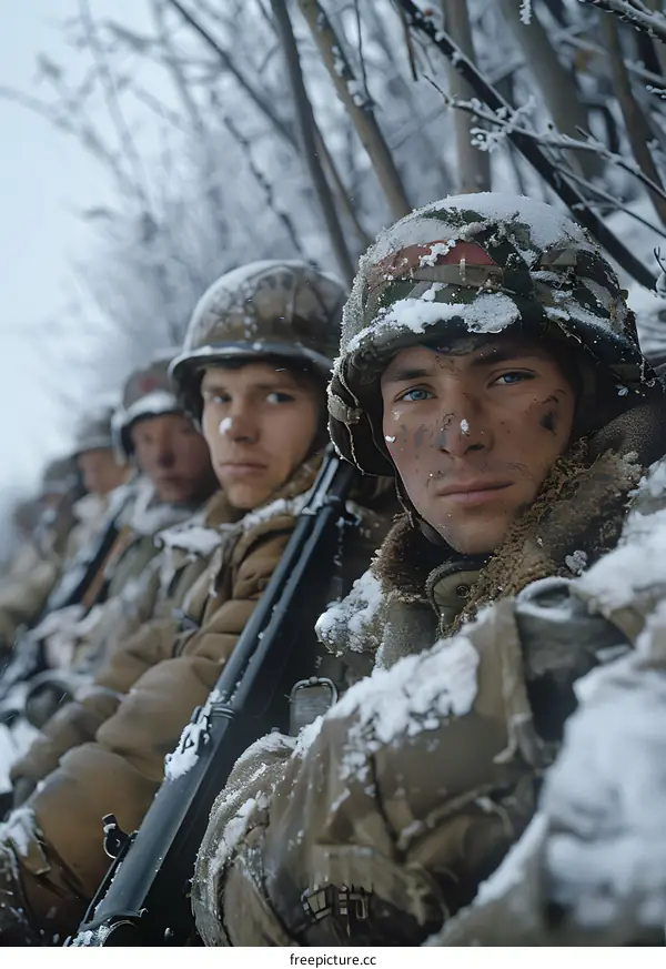 A group of soldiers in winter gear pose for a photo during the Korean War.