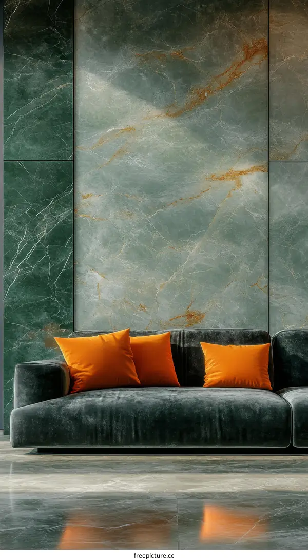 Modern Living Room Interior Design with Dark Sofa and Orange Pillows