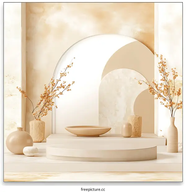 Beige Minimalist Podium with Abstract Arch Background