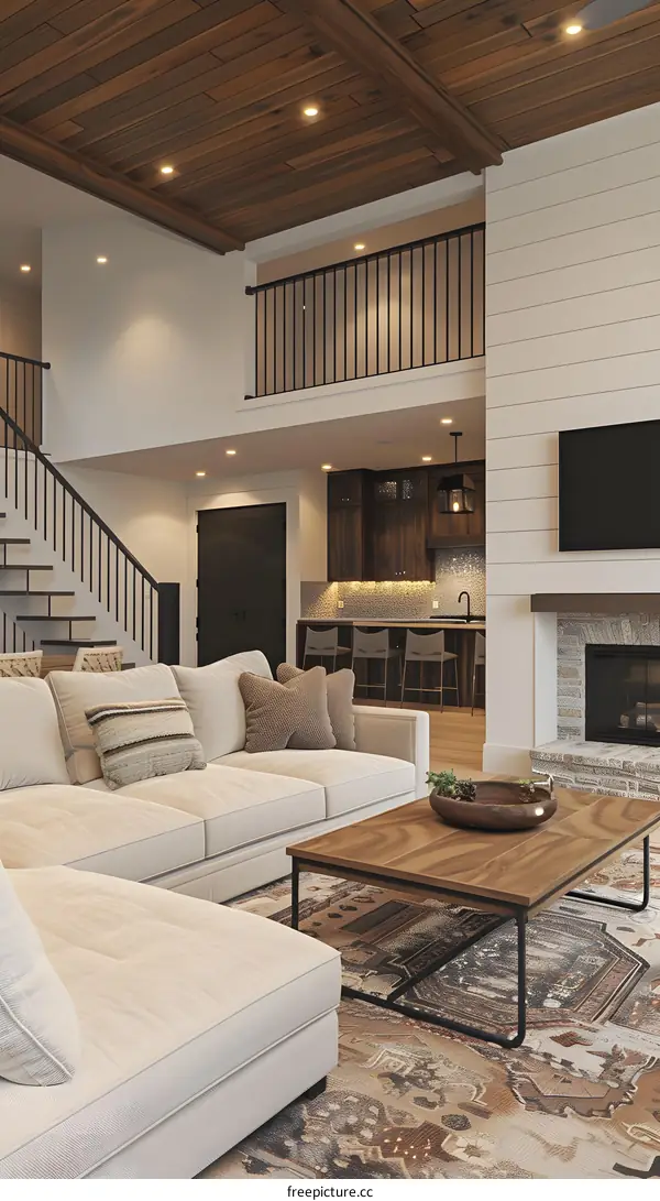 Modern Farmhouse Living Room Interior Design with Sectional Sofa and Fireplace