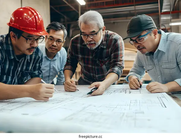 Asian Engineers Working on Blueprint in Factory