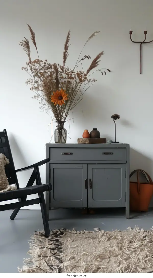 A gray cabinet with a vase of flowers on it