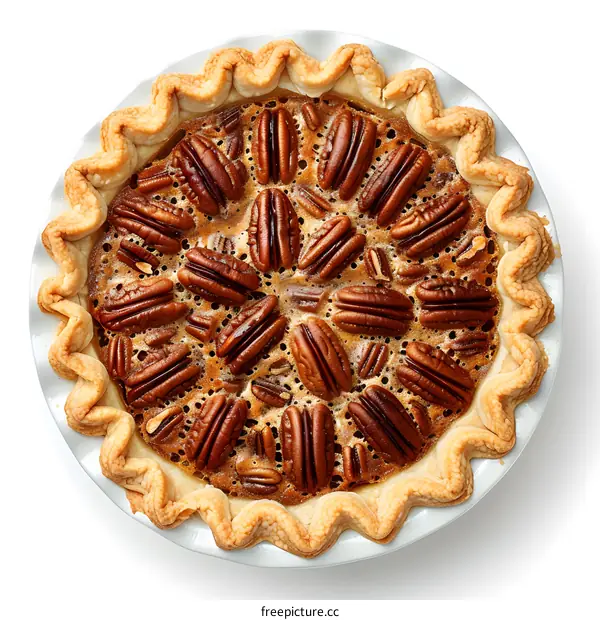 Pecan pie in a white baking dish