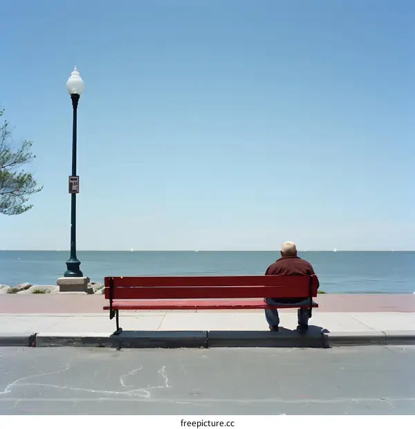 Man Sitting on Red Bench by the Sea