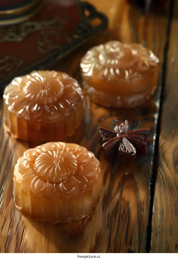 Close up of Three Flower Shaped Brown Desserts on Wooden Surface