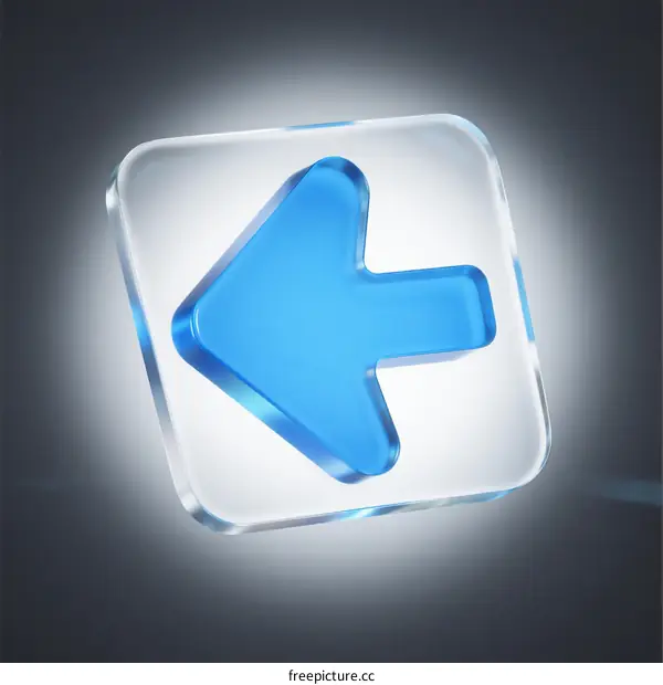 Blue Arrow Icon on Transparent Glass Square Background