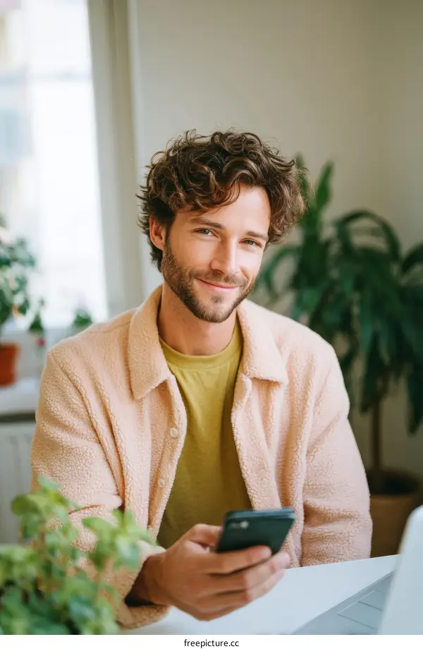 Smiling Man Using Smartphone Indoors