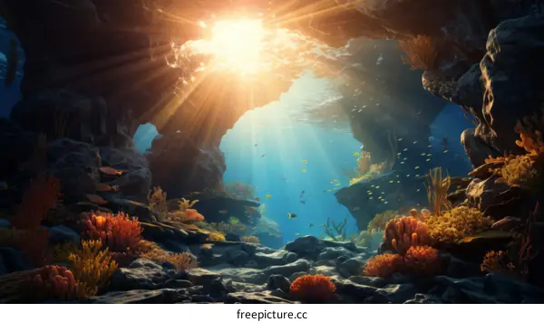 Underwater cave with colorful coral and fish